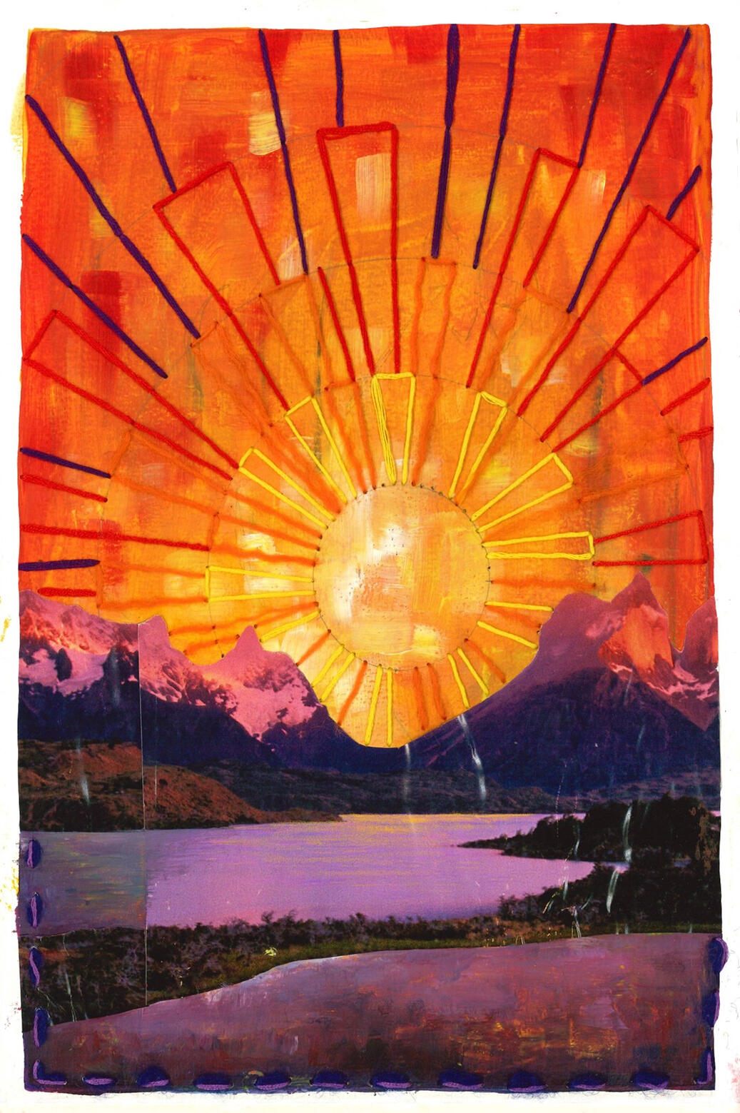 A mixed-media art piece made from paint, yarn, and photography. A glorious golden sun rises over mountains, colourful rays reaching to the sky. In the foreground, a peaceful lake.