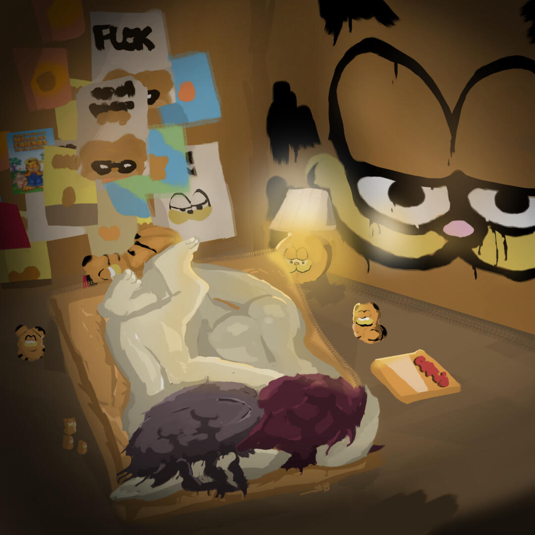 A painting. Two naked bodies lie on a small mattress on the floor. There are objects in the room such as a lamp, a pizza box, a stuffed animal, posters. Literally every object has Garfield the Cat's face on it. Garfield's face takes up a whole wall.